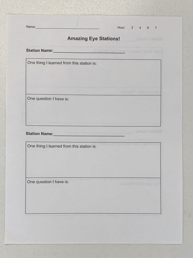 A lesson handout meant for kids. The kids are meant to go to different exploration stations and write about what they learned or have questions about.