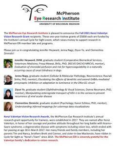 Fall 2021 Kenzi Valentyn Vision Research Grant Recipients Announcement