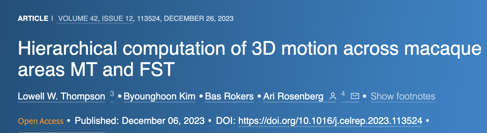 Screenshot from Cell Reports of the article title "Hierarchical computation of 3D motion across macaque areas MT and FST"