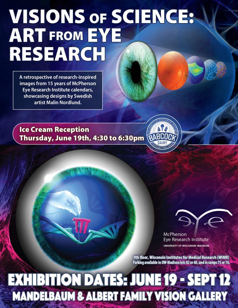 Flyer for the Mandelbaum and Albert Family Vision Gallery Exhibit "Visions of Science: Art from Eye Research" featuring art from the McPherson ERI calendars made by Swedish artist/designer/illustrator Malin Nordlund.